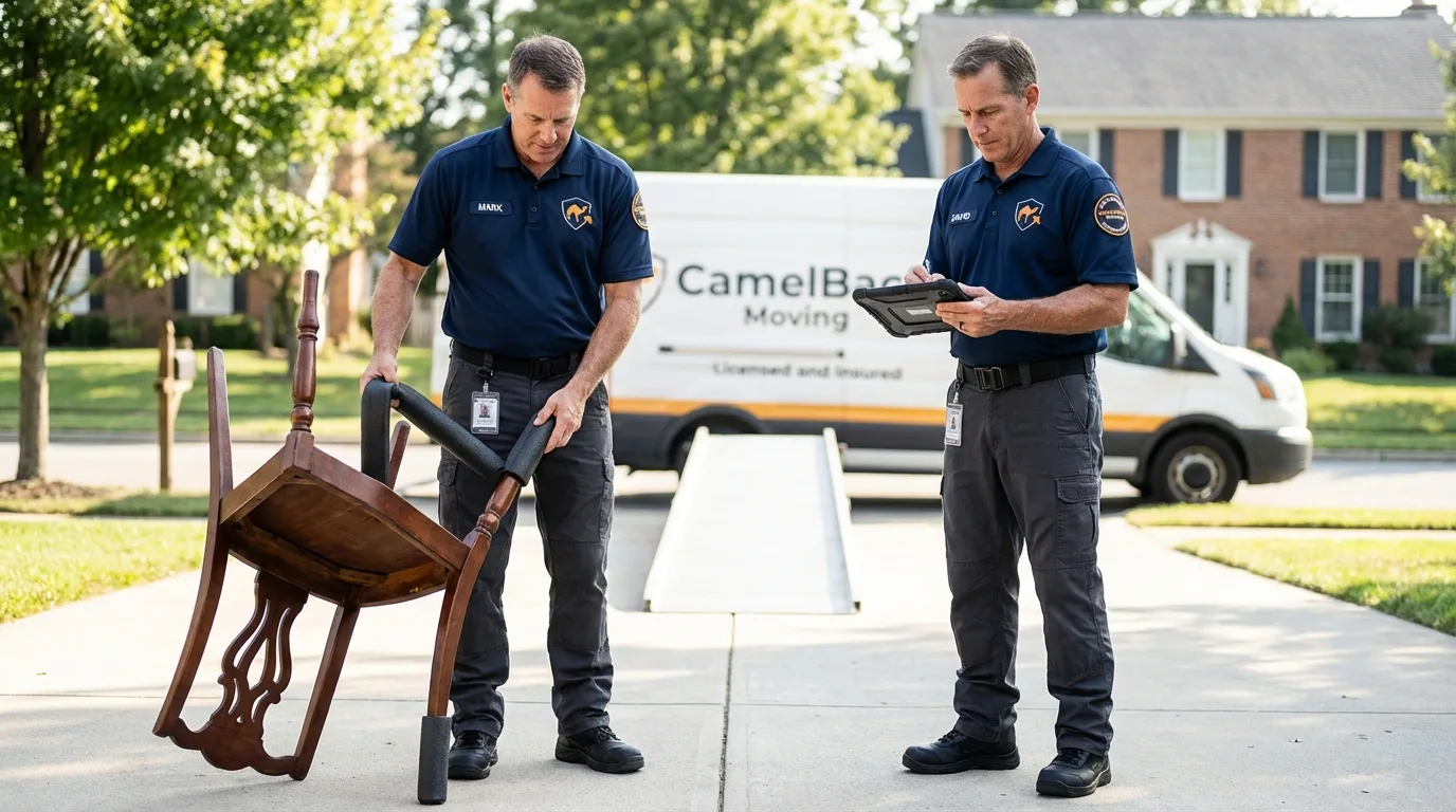Movers inspecting furniture for damage prevention before loading in Chetopa, KS