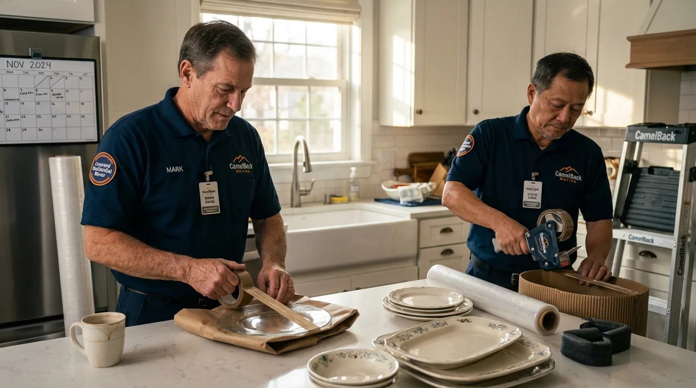 Professional crew packing kitchen dishware in Chetopa, KS